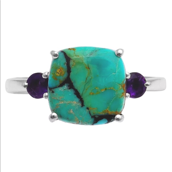 Gorgeous genuine turquoise with faceted amethyst sterling silver rings - Picture 2 of 6